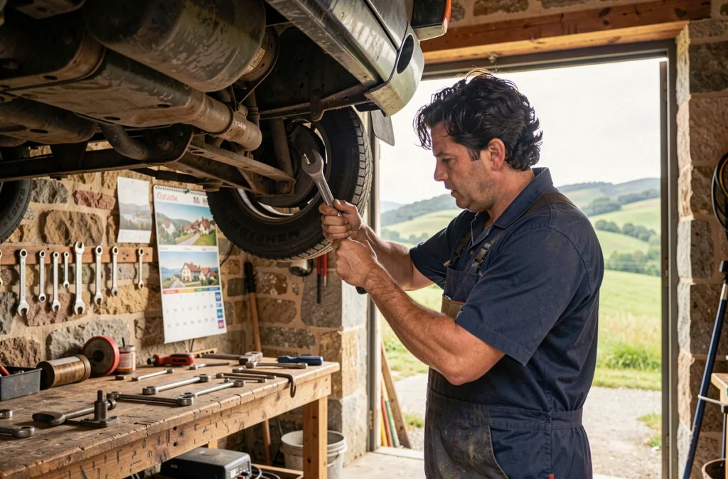 Mécanicien travaillant sous un véhicule au Garage Intxaurmendi dans le Pays Basque