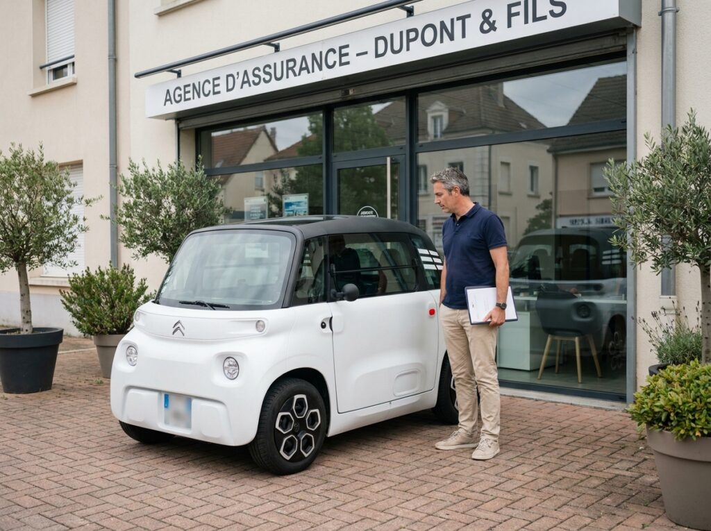 Homme d'une quarantaine d'années devant une Fiat Topolino blanche et une agence d'assurance en banlieue