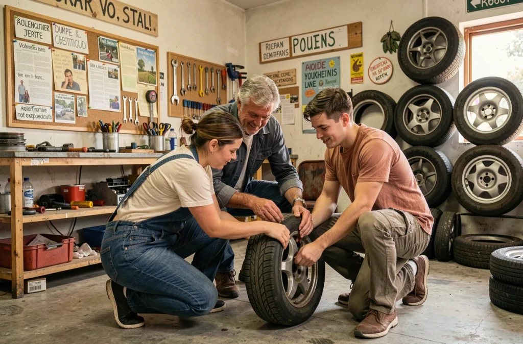 Bénévoles travaillant ensemble sur un pneu au garage associatif LES P.N.E.U.S à Pau