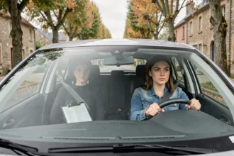 Jeune conductrice en formation au volant d'une voiture sur une route normande typique, avec un moniteur d'auto-école à ses côtés