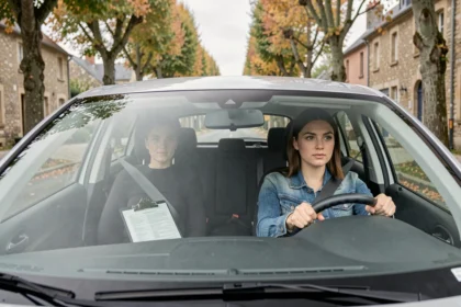 Jeune conductrice en formation au volant d'une voiture sur une route normande typique, avec un moniteur d'auto-école à ses côtés