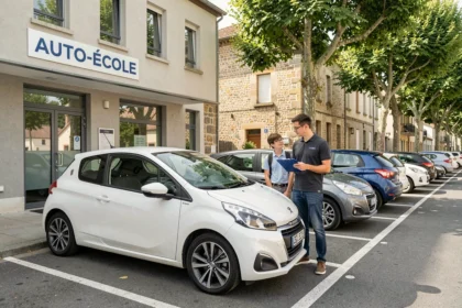 Vue extérieure d'une auto-école en Moselle avec un instructeur et un élève près d'une voiture de conduite blanche