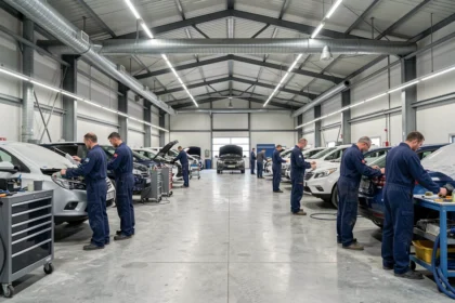Atelier de carrosserie automobile en Seine-et-Marne avec plusieurs véhicules en cours de réparation