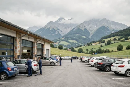 Vue panoramique d'un garage automobile dans les Pyrénées-Atlantiques avec les montagnes en arrière-plan