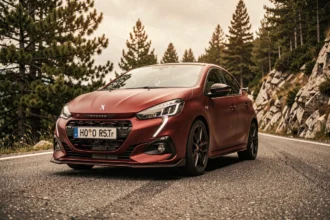 Peugeot 208 GTI 2026 garée sur une route de montagne sinueuse entourée de pins, vue trois quarts avant mettant en valeur le spoiler et les passages de roues élargis