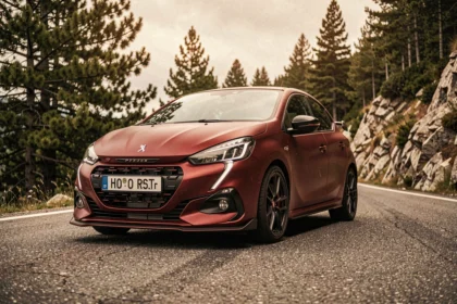 Peugeot 208 GTI 2026 garée sur une route de montagne sinueuse entourée de pins, vue trois quarts avant mettant en valeur le spoiler et les passages de roues élargis