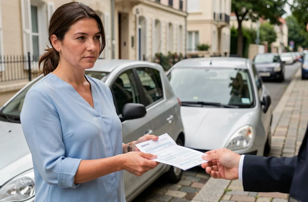 Une femme remet la carte grise barrée à l'acheteur lors de la vente de son véhicule