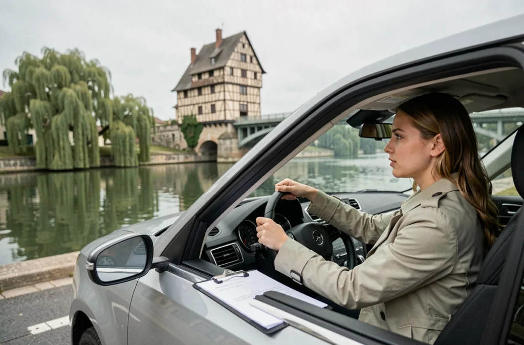 Élève de Vernon Conduite au volant le long des bords de Seine avec le vieux moulin et le pont de Vernon en arrière-plan
