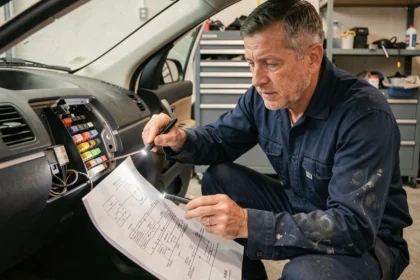Mécanicien consultant un schéma de fusibles Scenic 2 imprimé devant le tableau de bord ouvert dans un garage